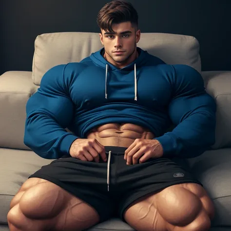 a very handsome young man, simple blue sweatshirt with long sleeves and black shorts, extremely handsome, very muscular, with ve...