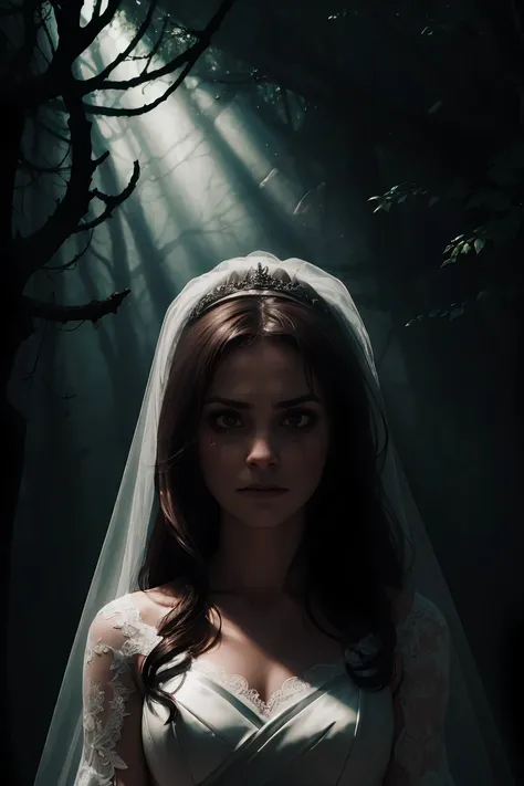 face of a sad bride in the forest, macabre dinner, tears, terror, cinema lighting, shady look