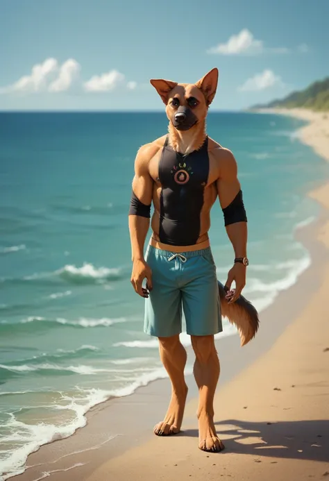 male furry dog with dog penis, full body, standing on a deserted beach