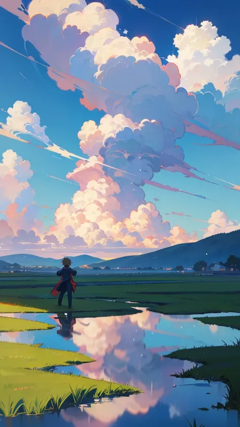 A young man is reaching out to a girl on top of a grassy hill. The sky is a clear blue, and cumulonimbus clouds are spreading out widely. an 80s anime. The sky is reflected in a puddle,(bestquality 1.4),(detail1.4),(Masterpiece1.4)