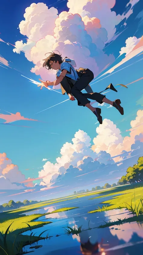 A young man is reaching out to a girl on top of a grassy hill. The sky is a clear blue, and cumulonimbus clouds are spreading out widely. an 80s anime. The sky is reflected in a puddle,(bestquality 1.4),(detail1.4),(Masterpiece1.4)