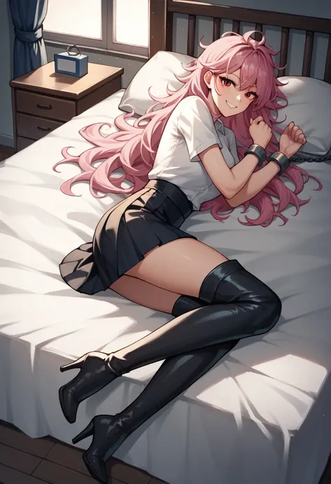 score_9, score_8_up, score_7_up, score_6_up, score_5_up, score_4_up, source_anime, 1girl, to call to yourself, bed, she was lying down, pink hair, long hair, red eyes, shackles, putting, Hands are close, smile, messy hair, white shirt, bracelets, skirts, b...