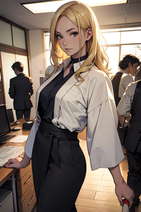 A blond woman, japanese, office outfit, from waist up