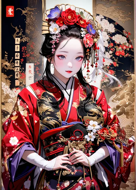 a 12-year-old princess wearing a red kimono and a flower crown, traditional japanese, traditional geisha clothing, japanese wome...