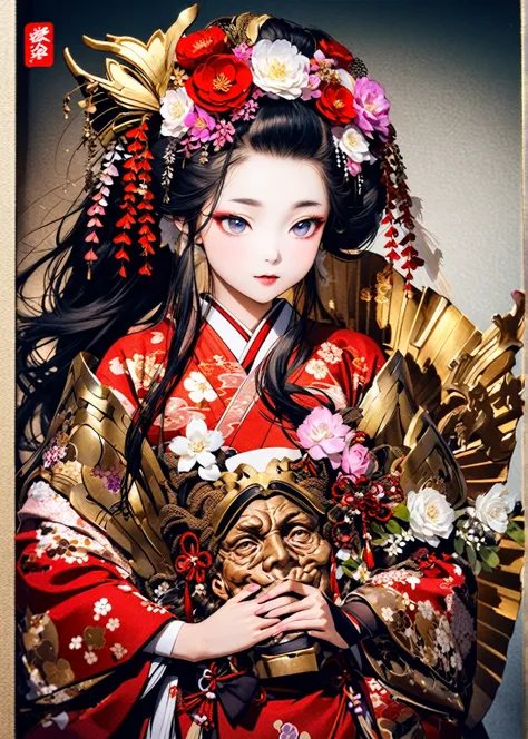 a 12-year-old princess wearing a red kimono and a flower crown, traditional japanese, traditional geisha clothing, japanese wome...