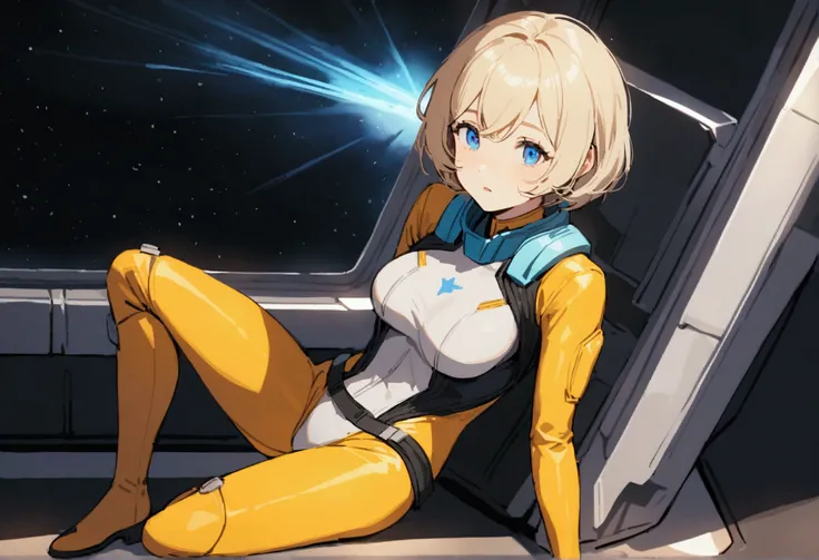 Tomboish girl, short blond hair, blue eyes, wearing a space military skinsuit, she sits on the floor of a space ship