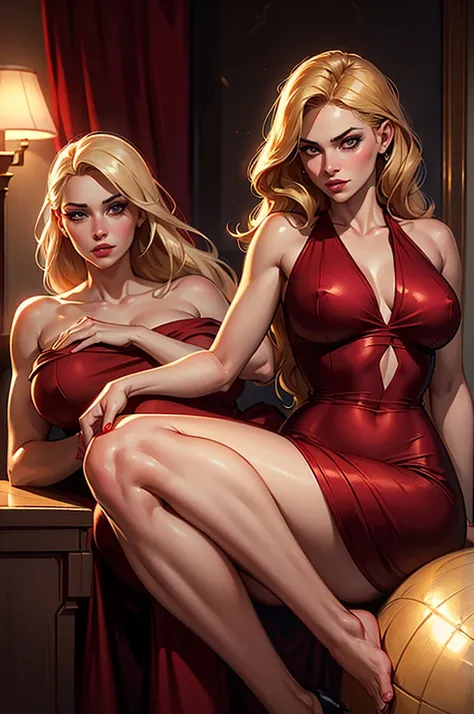 a beautiful woman with alluring eyes, full lips, and long eyelashes, wearing a tight red dress, her legs and thighs exposed, blonde, a mischievous expression, high quality, photorealistic, dramatic lighting, cinematic, chiaroscuro, moody, sensual
