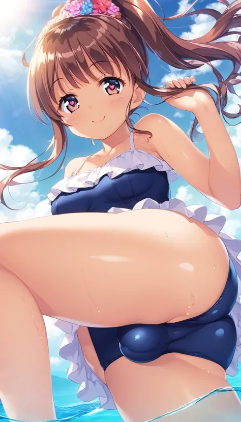 1girl, futanari, Slight crotch bulge, tiny girl, young girl, mesugaki, mesugaki smile, Boyish, long frilled SKIRT, swim suit, breasts, big ass, thick thighs, Teasing, naughty looks, heart eyes, Lower arm, A girl puts her hand on her crotch,, tidy, Focus on...