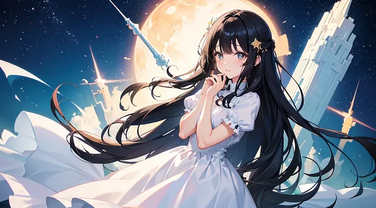 Cute illustrations、Girl、Black Hair、Half crying、My eyes are watering、Wearing a dress、一人のGirl、The background is a starry sky