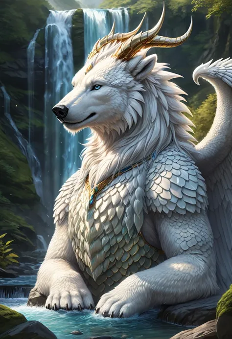 polarbear dragon hybrid. fur, scales, wooly. Wings. horns.  crests, ridges, or spines along back. official art is an award-winning digital masterpiece in 4K Ultra HD, featuring extreme detail and intricate realism. It combines the artistry of Wlop and Artg...