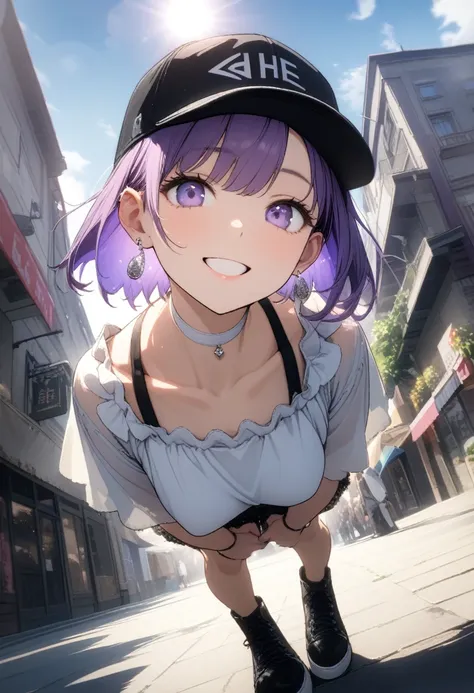 Very cute 15 year old girl, ((She has some silver earrings in her ears.. Stylish black baseball cap. White choker、White punk fashion))、(Purple hair color、Light purple inner color hairstyle、short hair、Hair expressed with a delicate touch), Beautiful Hair, F...