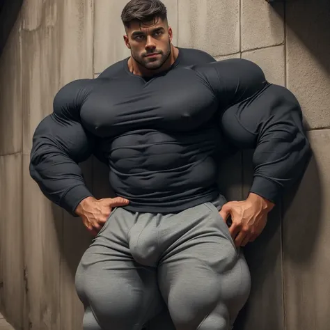 a very handsome young man, gray shirt, massively large bulge, extremely handsome, very muscular, with very large muscles, defined and muscular body, leaning against a wall at night