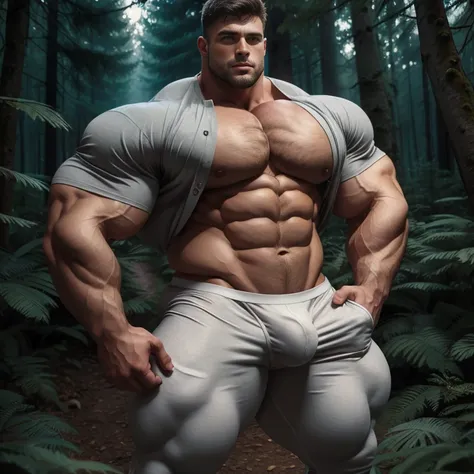 a very handsome young man, gray shirt, white underwear with massively large bulge, extremely handsome, very muscular, with very large muscles, defined and muscular body, hands in pockets, in a forest at night