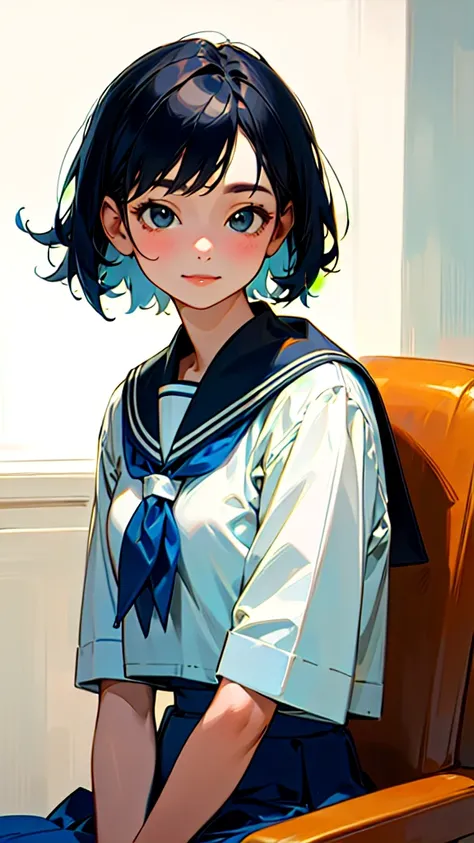 1 Girl、solo、gentle and calm expression、Womens Sailor Uniform、Blue Skirt、Sitting、Upper body close-up、smile、indoor, (Highest quality, masterpiece, Hyperrealism)、Boyish short hair, Black Hair