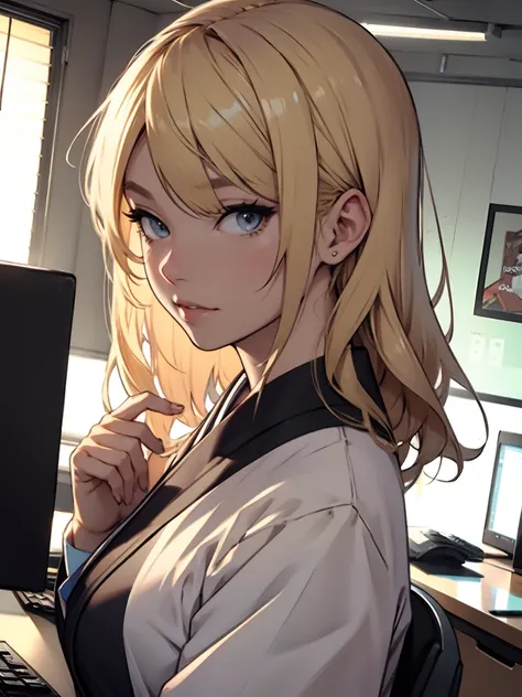 A blond woman, japanese, office outfit, portrait