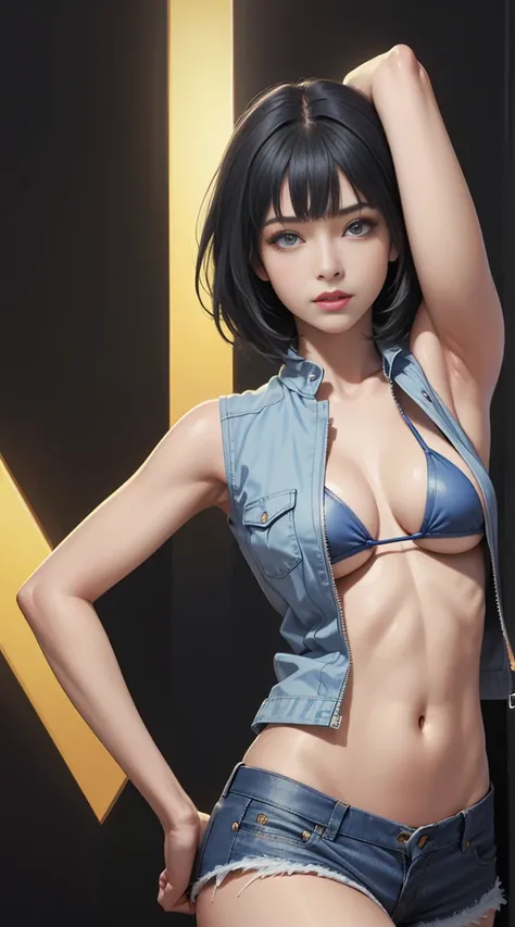 8K, Top Quality, Intricate Details, Ultra Detail, Ultra High Resolution, Masterpiece, close up shot, (full body: 1.1), Slender, Smile, (Makeup: 0.4), ,(( blue hair, bangs, short hair, blue eyes, random short hairstyle)), (Fluffy  Eyes: 1.21), (()), 1girl, ...