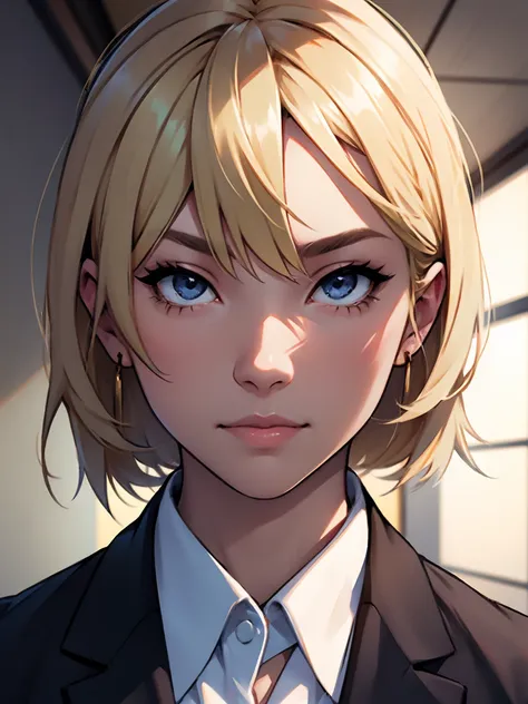 A blond woman, japanese, office outfit, portrait, head in the center