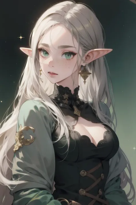 (Absurd, High resolution, Super detailed), (One girl:1.3), Gray Hair, Elf、Green Eyes、freckles、whole body、Gold Accessories、sexy、beautiful、Very long hair, High-resolution model, Textured skin, Earrings, Deformed cheek blush, Droopy eyes, Colorful eyes, Big g...