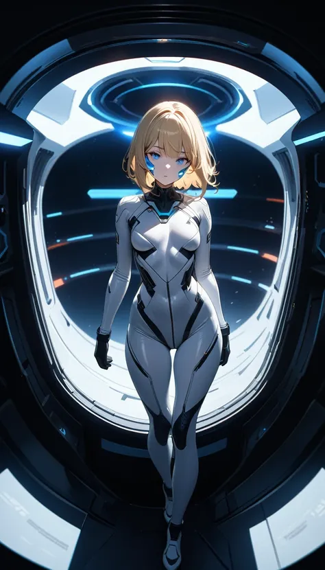 a beautiful young girl with short blond hair and blue eyes,detailed facial features,wearing a simple black and white space military skinsuit,full body shot,standing inside a spaceship,looking directly at the viewer,cinematic lighting,highly detailed,8k,mas...