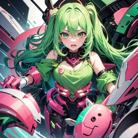 A girl with pink and green hairs killing a robot man with red hairs and with her eyes green and showing fangs