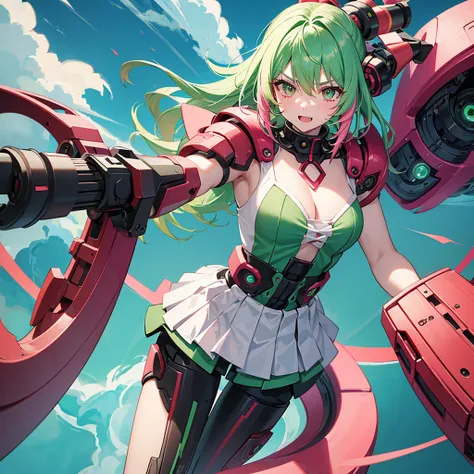 A girl with pink and green hairs killing a robot man with red hairs and with her eyes green and showing fangs