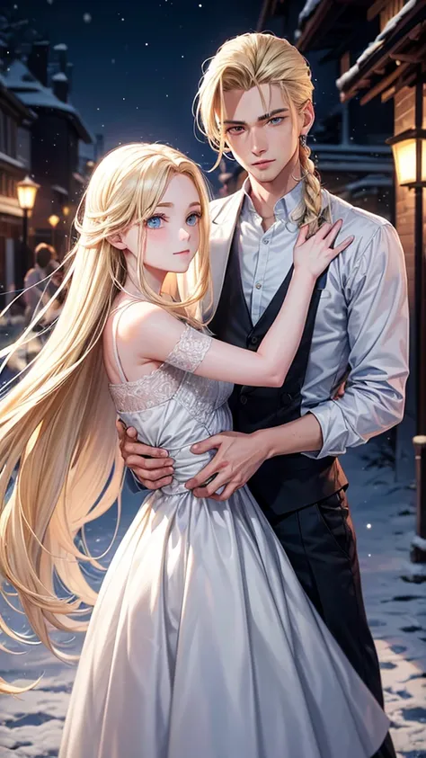 young adult man, Realistic style, medium long blonde hair slicked back, gold eyes, snow white skin, with calm facial expression and dressed in casual clothing, while dancing in the moonlight with a black-haired girl, long and loose and blue eyes, with a wh...