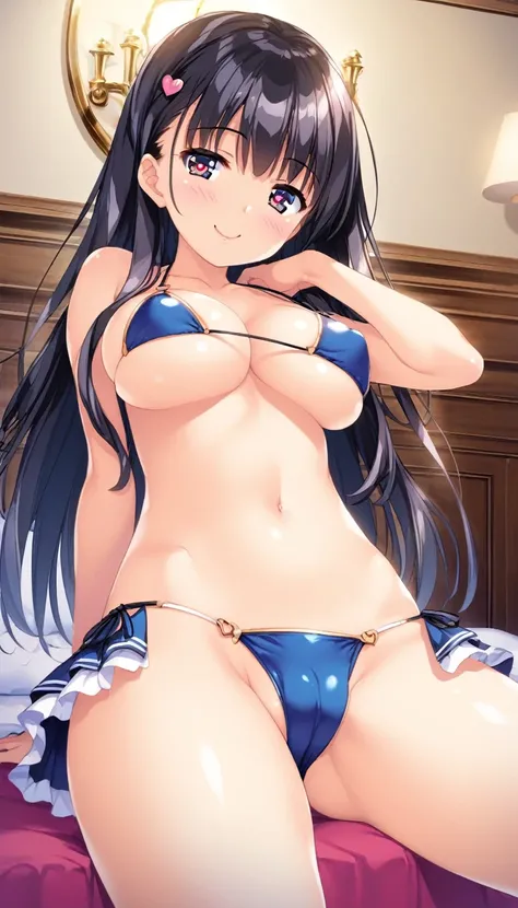 1girl, Slight crotch bulge, tiny girl, young girl, mesugaki, mesugaki smile, Boyish, Black hair, bikini, long frilled SKIRT, huge breasts, big ass, thick thighs, Teasing, naughty looks, heart eyes, Lower arm, A girl puts her hand on her crotch, tidy, Focus...