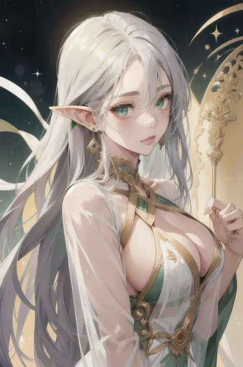 (Absurd, High resolution, Super detailed), (One girl:1.3), Gray Hair, Elf、Green Eyes、freckles、whole body、Gold Accessories、sexy、beautiful、Very long hair, High-resolution model, Textured skin, Earrings, Deformed cheek blush, Droopy eyes, Colorful eyes, Big g...