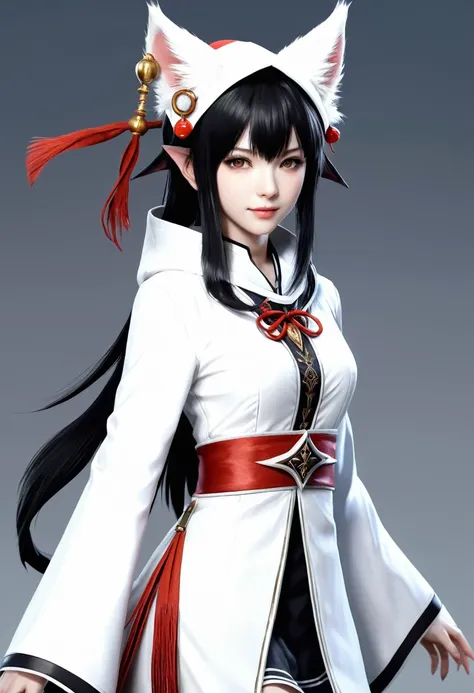 monster girl, cat ear,20th generation, priest,white mage,realistic women, black hair,cute