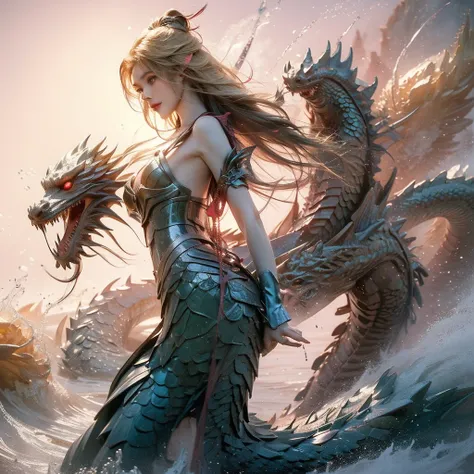 (Best quality), (Masterpiece), a very exquisite and beautiful girl, Very detailed, Amazing, exquisitedetails, offcial art, Super detailed, high-class, beautiful details girl, with a radiant face, a girl  standing in front of a dragon, Long, without humans,...