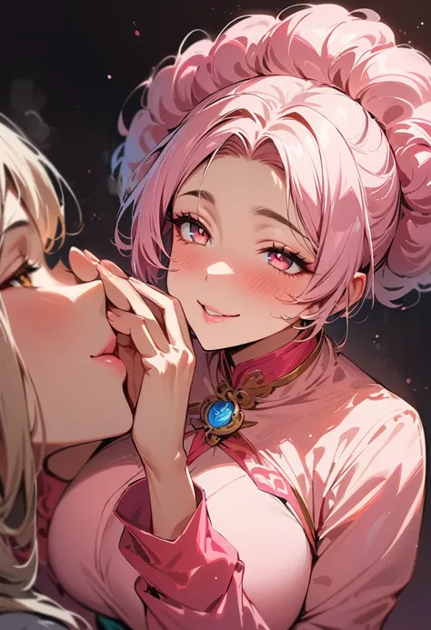 (masterpiece, best quality:1.4), 1 girl, 独奏, Pink love pupils, Blurred eyes, Smile, Look up and down, Pink lower lip, Holding face with hands, Pink short hair, Fluffy hairstyle,  Royal sister, Huge breasts, Pink sweater, Vision, black background.