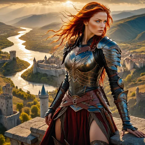 birds eye view of a beautiful warrior woman standing high above on a castle parapet, with a view of the surrounding area, wearing leather armor, red hair blowing in the wind, blue eyes, rivers and mountains, golden hour,  art by Luis Royo . shallow depth o...