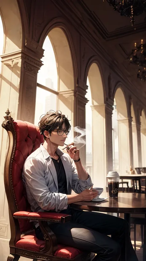 an unemployed god with a handsome face and wearing glasses is sitting in a chair with his back, holding coffee in his left hand and smoking a cigarette, surrounded by luxury buildings