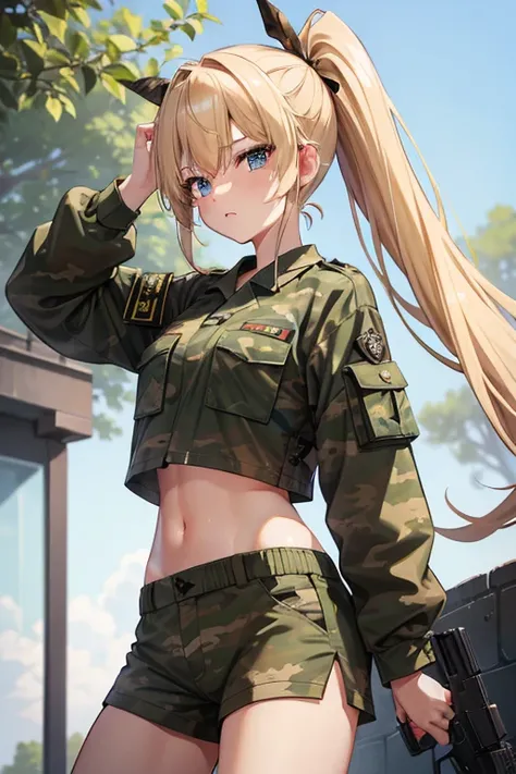 nightのmilitary base、beautiful girl、Blonde、ponytail、Navel-baring camouflage combat uniform、Crop tops、Camouflage shorts、Bare legs、Hold a knife in one thigh、Holding a pistol、military base、fire、night