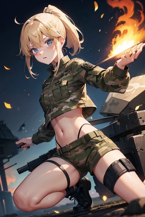 nightのmilitary base、beautiful girl、Blonde、ponytail、Navel-baring camouflage combat uniform、Crop tops、Camouflage shorts、Bare legs、Hold a knife in one thigh、Holding a pistol、military base、fire、night