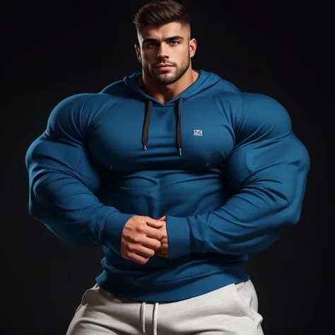 a very handsome young man, massively muscular, with massively large muscles, with massively large biceps, with massively large arms, wearing a simple blue sweatshirt with long sleeves, on a black background