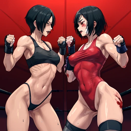 whole body picture. two female fighters are face to face. They are banging their punches against their opponents. They trade dynamic punches with each other. a bloody beautiful Japanese female fighters are fighting survival in the octagon ring. Blood is dr...