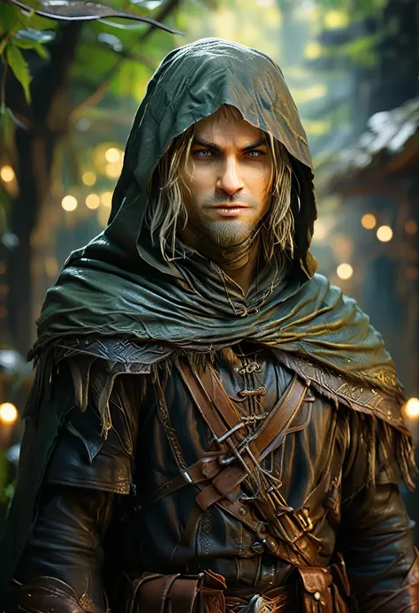 Create a highly detailed and photorealistic blurred image of a man with bow and arrow in a dark forest, male blond elf ranger, Handsome male elf, Fantasy movie still, blond elven male warrior, Legolas as an elf ranger, a male elf, male elf, from Warcraft, ...