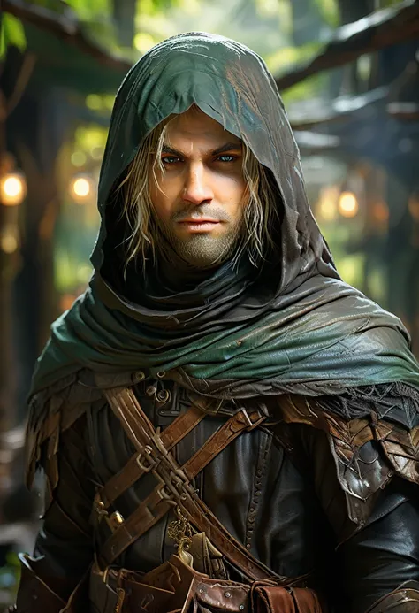 Create a highly detailed and photorealistic blurred image of a man with bow and arrow in a dark forest, male blond elf ranger, Handsome male elf, Fantasy movie still, blond elven male warrior, Legolas as an elf ranger, a male elf, male elf, from Warcraft, ...