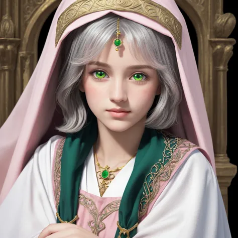 ((masterpiece), (extremely intricate1.2), (realistic1.3), (photorealistic:1.4)), Fanart in the style of a medieval painting of a 10-year-old princess who has become a priestess. She is wearing pink priestly robes (dress pink:1.2), the color of the goddess ...