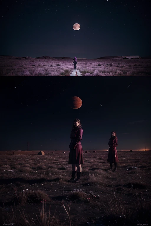 a  night with blood moon, purple snows and three girls floating in the night sky surrealism landscape