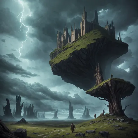 Epic fantasy illustration: Winds and storms, barren territory, supernatural, greenish sky