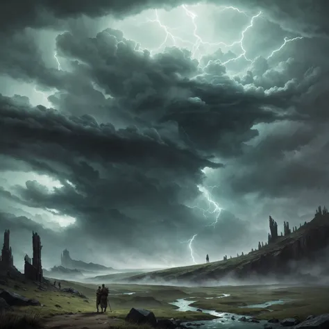 Epic fantasy illustration: Winds and storms, barren territory, supernatural, greenish sky