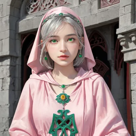 ((masterpiece), (extremely intricate1.2), (realistic1.3), (photorealistic:1.4)),medieval painting of a 10-year-old princess who has become a priestess. She is wearing pink priestly robes (dress pink:1.2), the color of the goddess she serves, with a matchin...