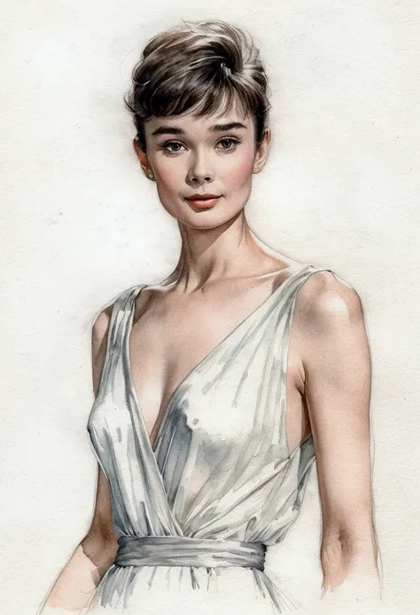 A delicate, watercolor picture portrays, a nude beautiful American woman, Audrey Hepburn look, naked, big firm breasts, standing bare feet without background, her features rendered in subtle shading and precise lines. The framing is tight, focusing attenti...