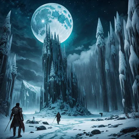 Epic fantasy illustration: the path of the ice night, barren territory, supernatural, green Moon