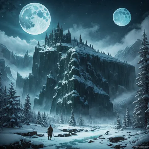 Epic fantasy illustration: the path of the ice night, barren territory, supernatural, green Moon