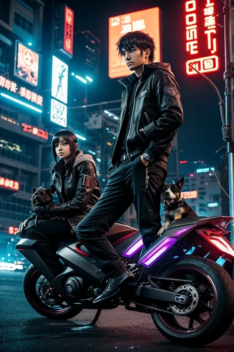 Make a cool sci-fi cyberpunk anime guy with a dog and a cute girl and a cool car