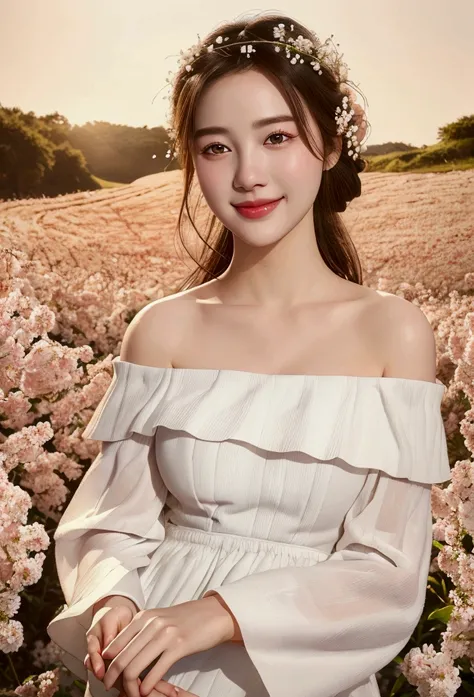 Best quality, masterpiece, ultra high res, (photorealistic:1.4), raw photo, 1girl, white dress, off shoulder, blossom flower field, glowing skin, light smile