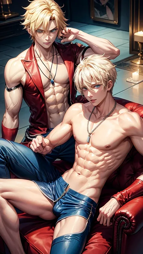 representative avatar full body young adult man, anime style Boku no Hero, blond hair, blue eyes.with flirtatious facial expression , dominant, imposing. shirtless, naked, defined torso and arm. light pants.so his penis is well marked. necklace with thin c...